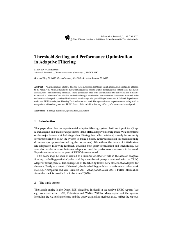 (PDF) Threshold Setting and Performance Optimization in Adaptive Filtering