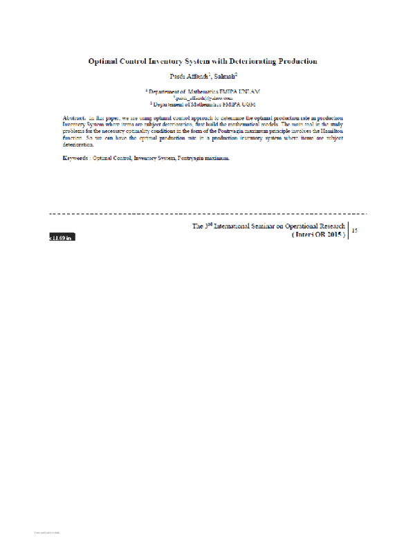 (PDF) Optimal Control Inventory system with Deteriorating Production
