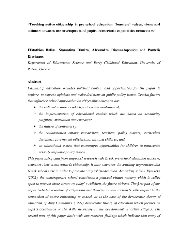 (PDF) Teaching active citizenship in pre-school education: Teachers ...
