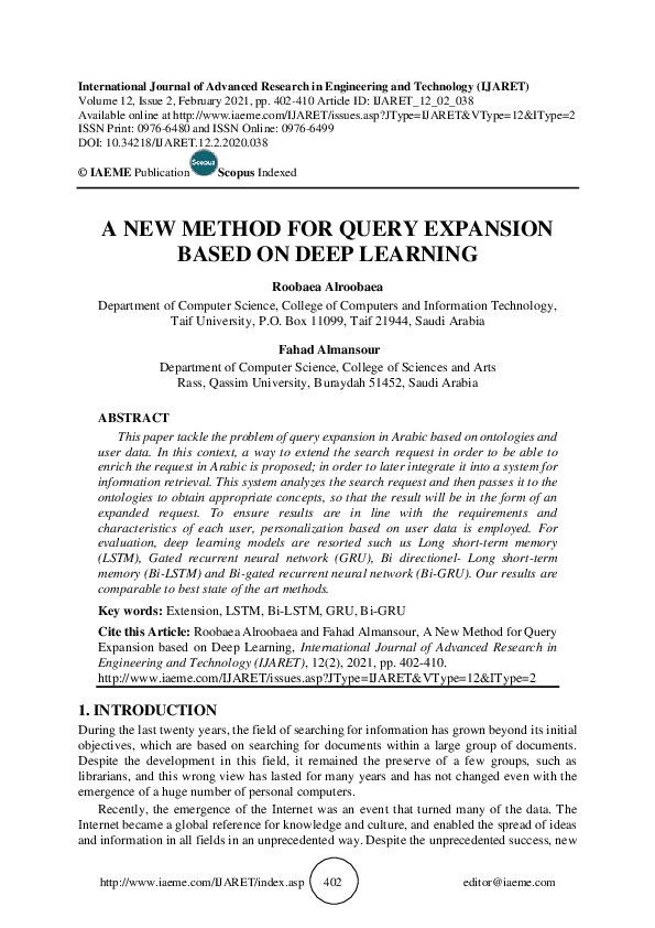 (PDF) A NEW METHOD FOR QUERY EXPANSION BASED ON DEEP LEARNING