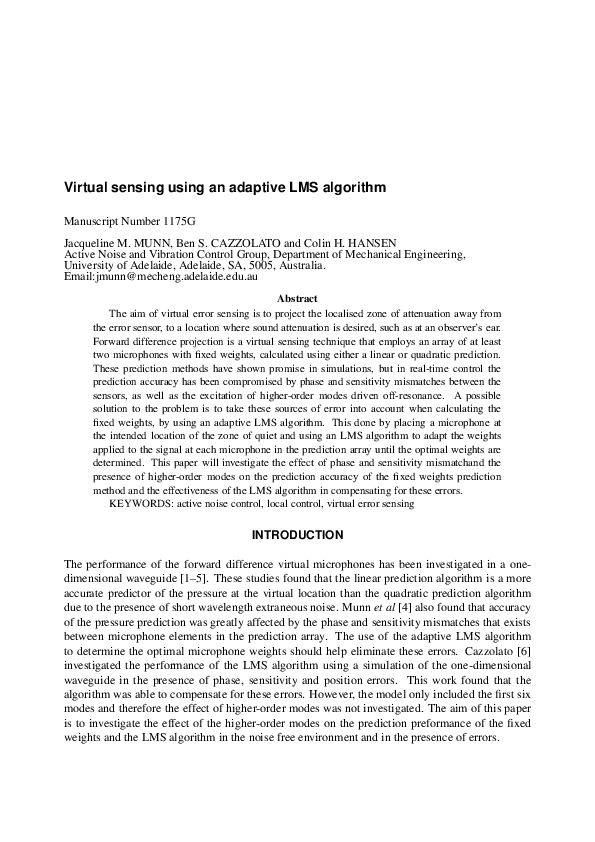 Pdf Virtual Sensing Using An Adaptive Lms Algorithm
