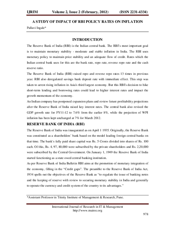 (PDF) A Study of Impact of RBI policy rates on inflation