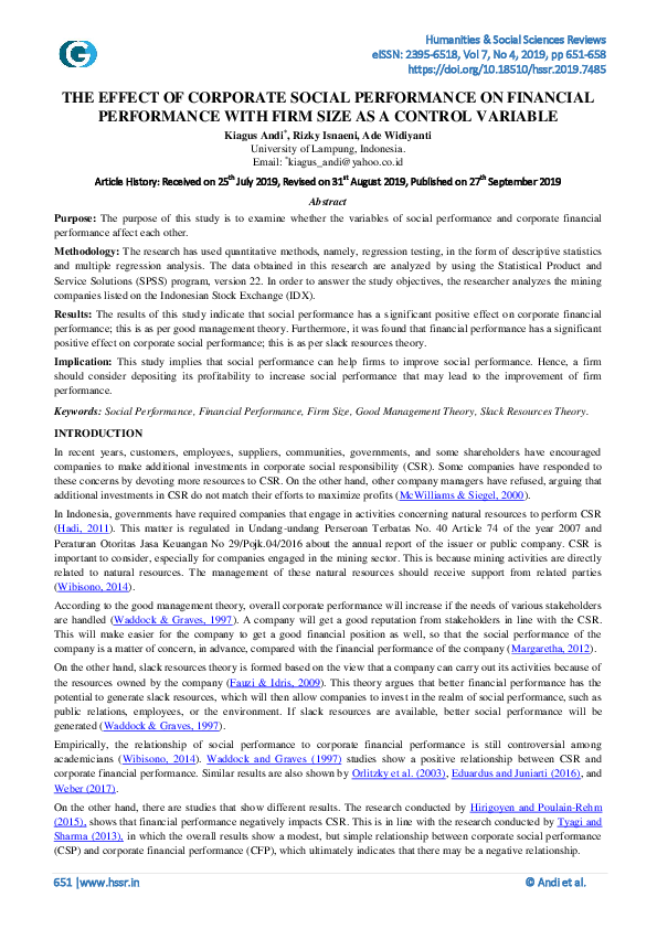(PDF) The effect of corporate social performance on the financial ...