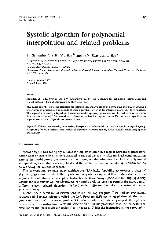 (PDF) Systolic algorithm for polynomial interpolation and related problems