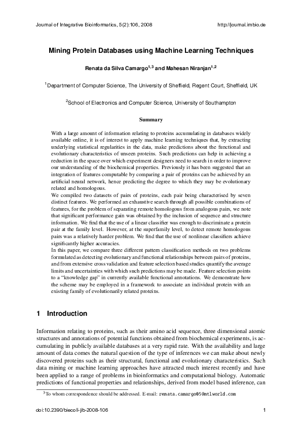 (PDF) Mining protein database using machine learning techniques