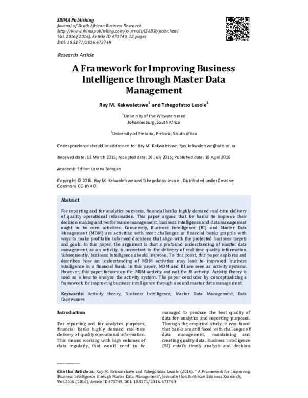 (PDF) A Framework for Improving Business Intelligence through Master ...