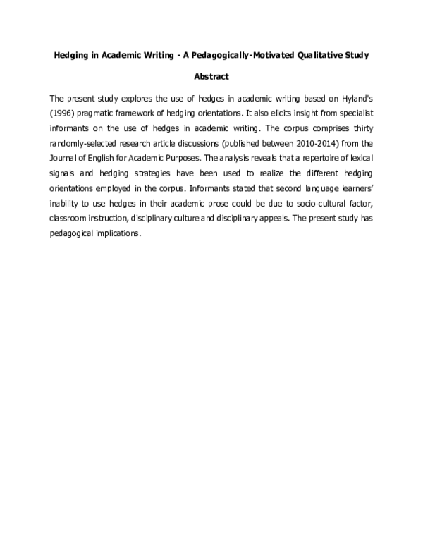 (PDF) Hedging in Academic Writing A PedagogicallyMotivated