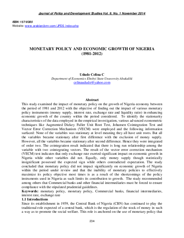 (PDF) Monetary Policy and Economic Growth of Nigeria ( 1981 - 2012 )