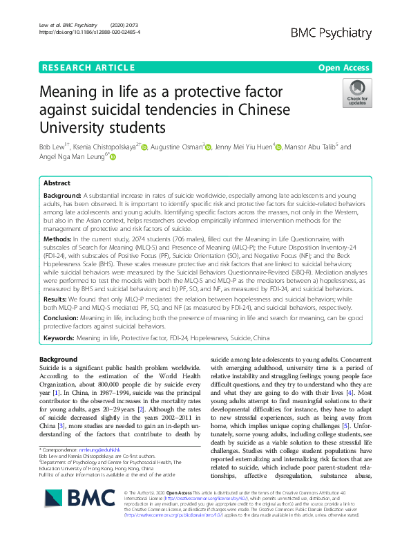 (PDF) Meaning in life as a protective factor against suicidal ...