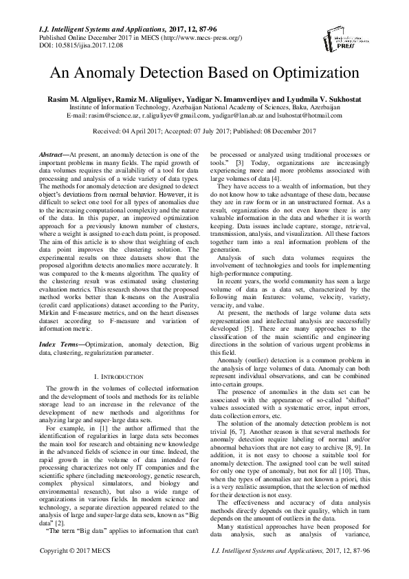 (PDF) An Anomaly Detection Based on Optimization
