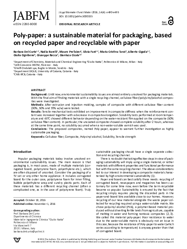 (PDF) Poly-paper: a sustainable material for packaging, based on ...