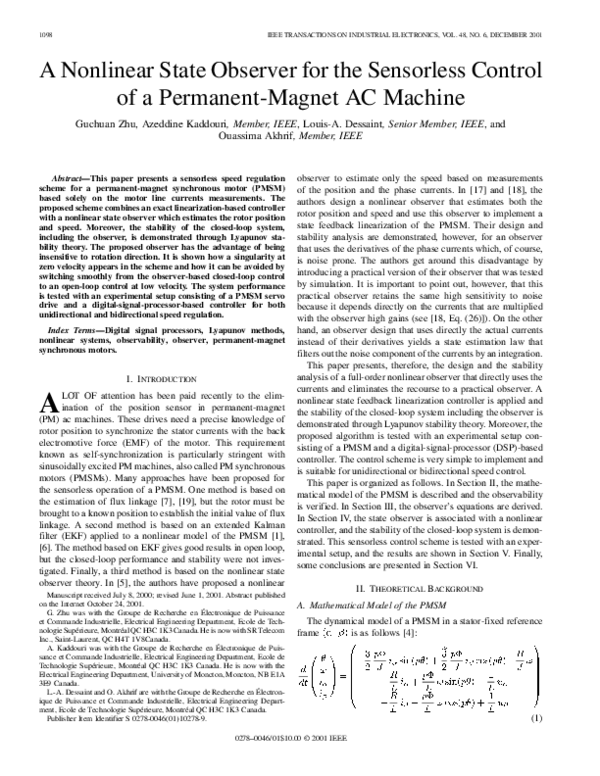 (PDF) A nonlinear state observer for the sensorless control of a ...