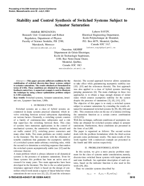 (PDF) Stability and control synthesis of switched systems subject to ...