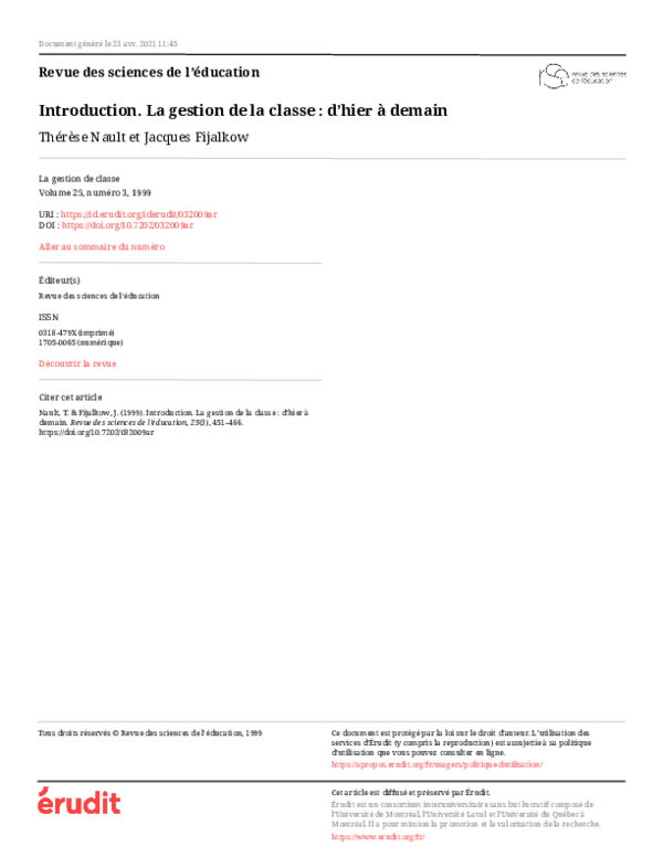 (PDF) Introduction. La gestion de la classe : d’hier à demain