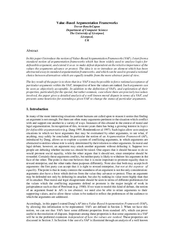 (PDF) Value based argumentation frameworks