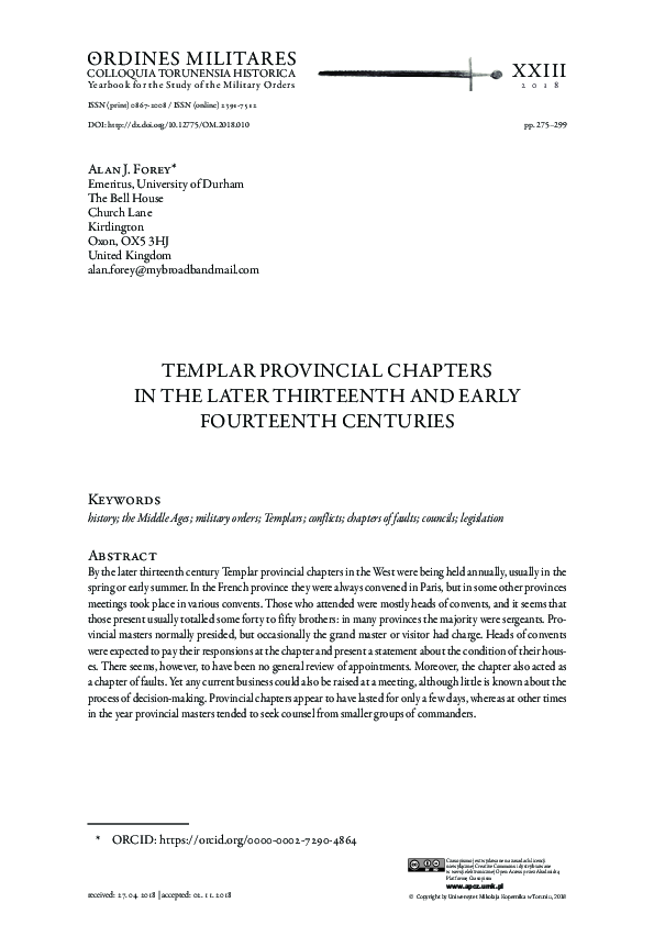 Templar provincial chapters in the later thirteenth and early fourteenth centuries
