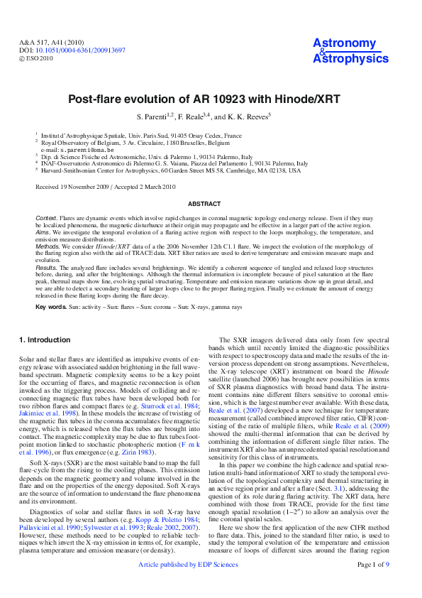 (PDF) Post-flare evolution of AR 10923 with Hinode/XRT