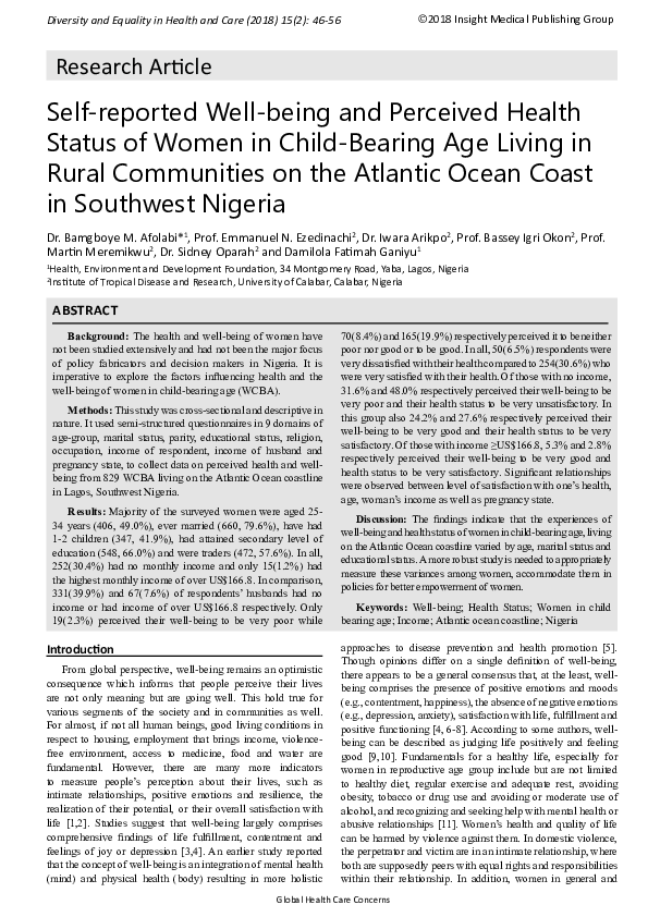(PDF) Self-reported Well-being and Perceived Health Status of Women in ...