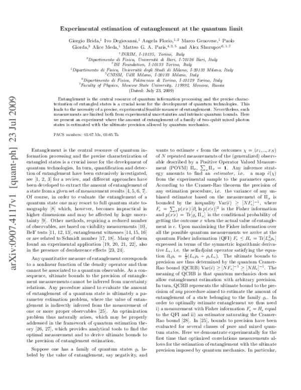 (PDF) Experimental Estimation of Entanglement at the Quantum Limit