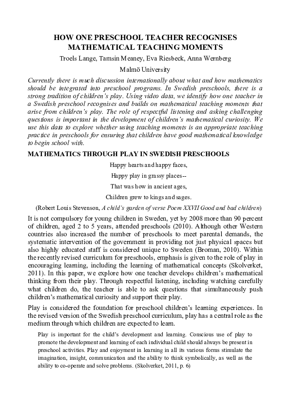 (PDF) How one preschool teacher recognises mathematical teaching moments