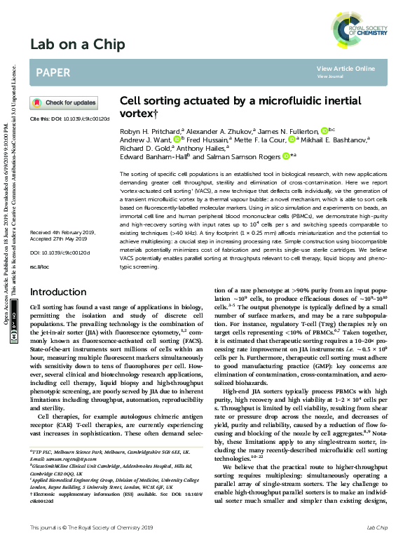 (PDF) Cell sorting actuated by a microfluidic inertial vortex