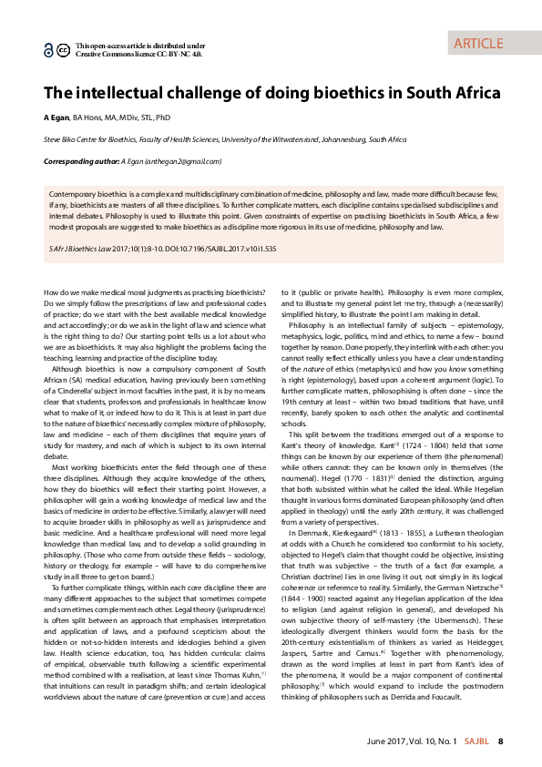 (PDF) The intellectual challenge of doing bioethics in South Africa