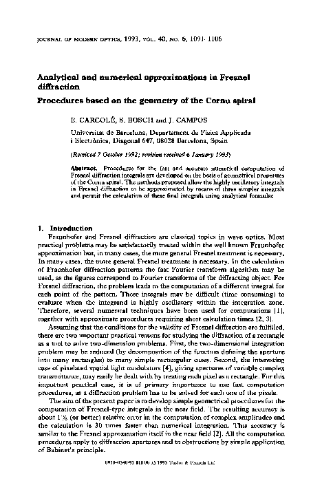 (PDF) Analytical and Numerical Approximations in Fresnel Diffraction