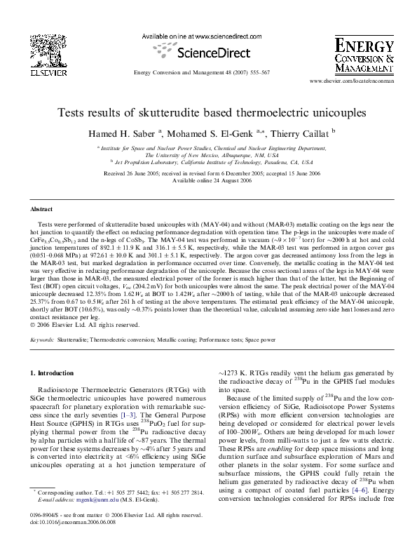 (PDF) Tests results of skutterudite based thermoelectric unicouples
