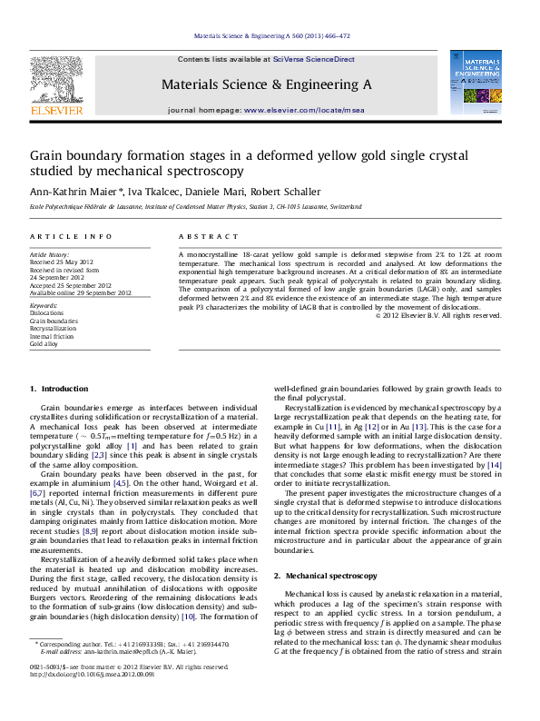 (PDF) Grain boundary formation stages in a deformed yellow gold single ...