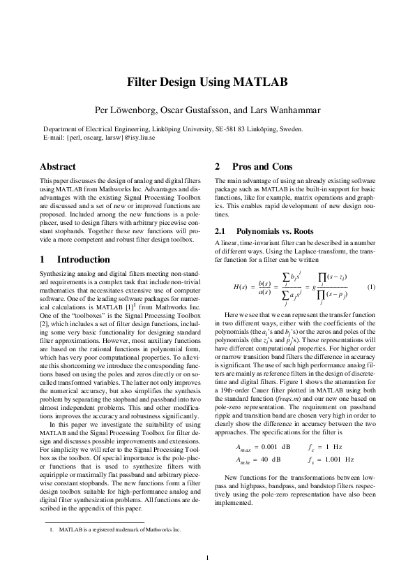Pdf Filter Design Using Matlab