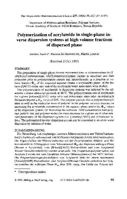 (PDF) Polymerization of acrylamide in single-phase in-verse dispersion ...
