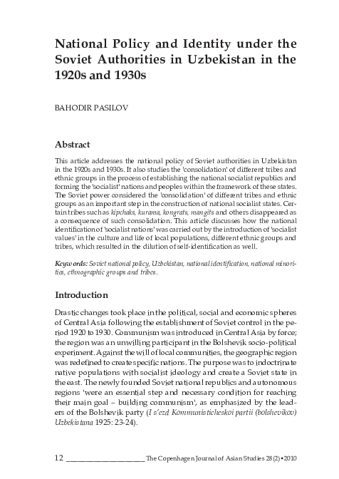 National Policy and Identity under the Soviet Authorities in Uzbekistan in the 1920s and 1930s