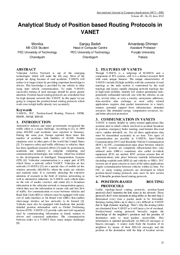 (PDF) Analytical Study of Position based Routing Protocols in VANET