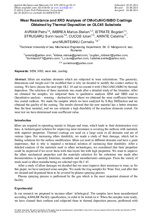 (PDF) Wear Resistance and XRD Analyses of CNiCrSiBO Coatings Obtained ...