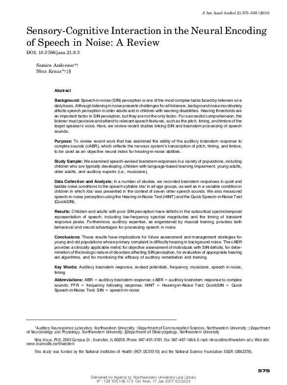 (PDF) Sensory-Cognitive Interaction in the Neural Encoding of Speech in ...