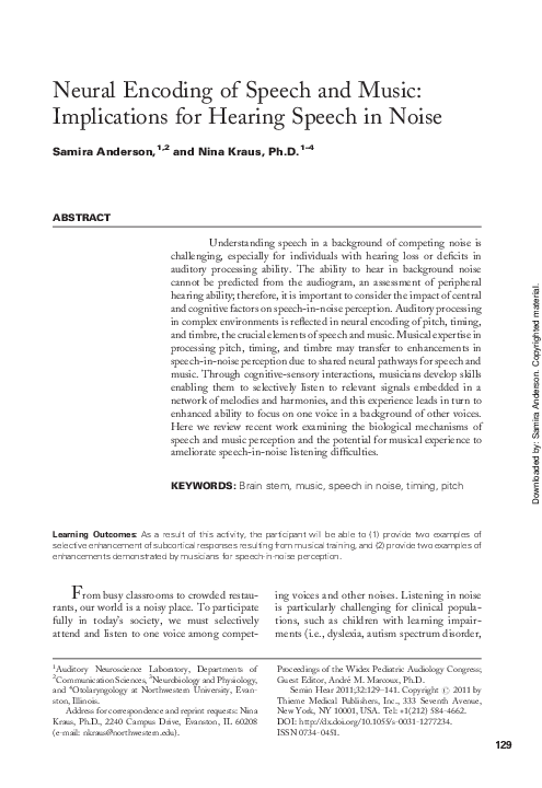 (PDF) Neural Encoding of Speech and Music: Implications for Hearing ...