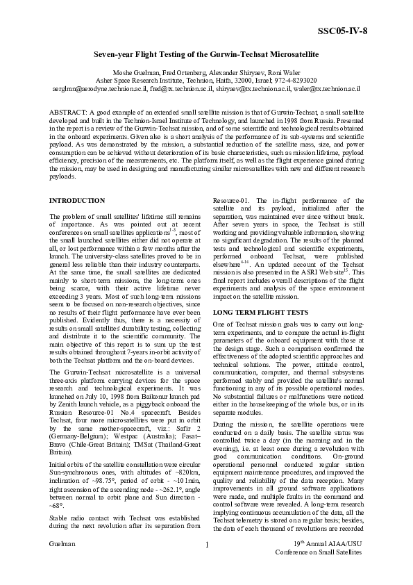 (PDF) Seven-year Flight Testing of the Gurwin-Techsat Microsatellite