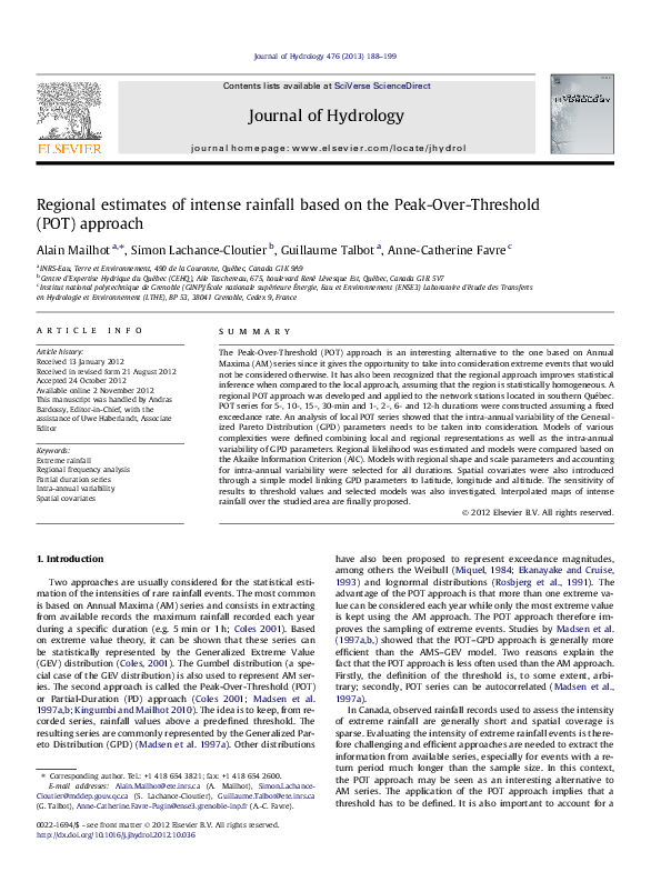 (PDF) Regional estimates of intense rainfall based on the Peak-Over ...