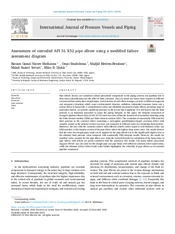 (PDF) Assessment of corroded API 5L X52 pipe elbow using a modified ...