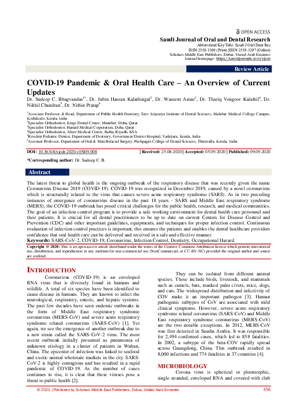 (PDF) COVID-19 Pandemic Oral Health Care – An Overview of Current Updates