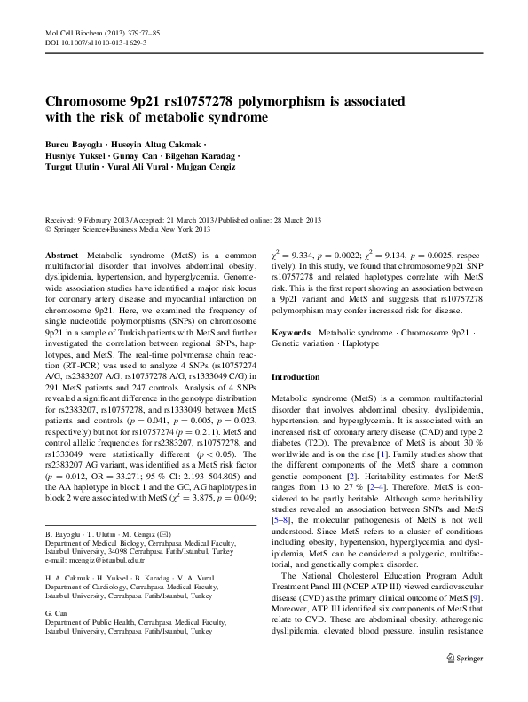 (PDF) Chromosome 9p21 rs10757278 polymorphism is associated with the ...