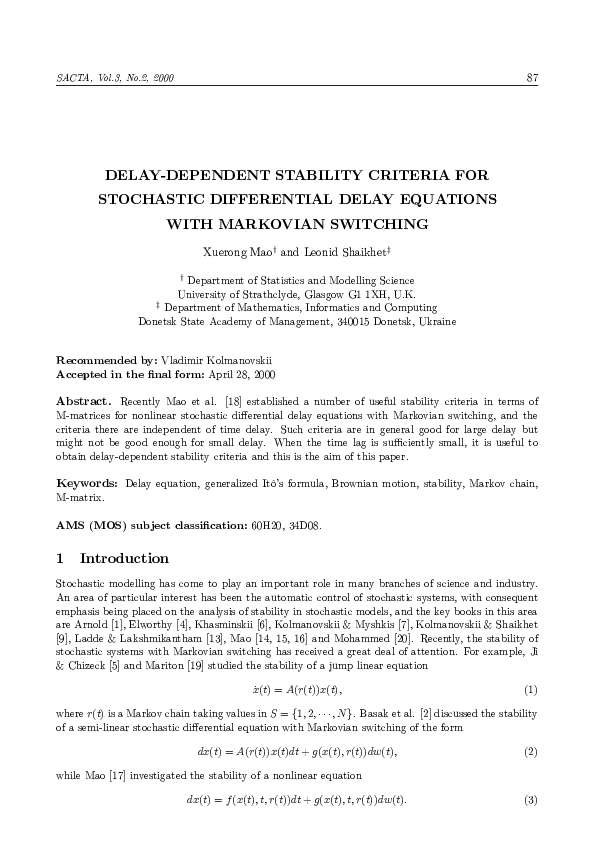 (PDF) Delay-dependent stability criteria for stochastic differential ...