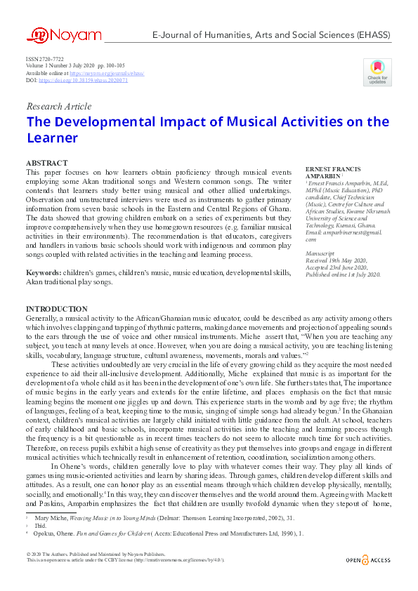 (PDF) The Developmental Impact of Music Activities on the Learner