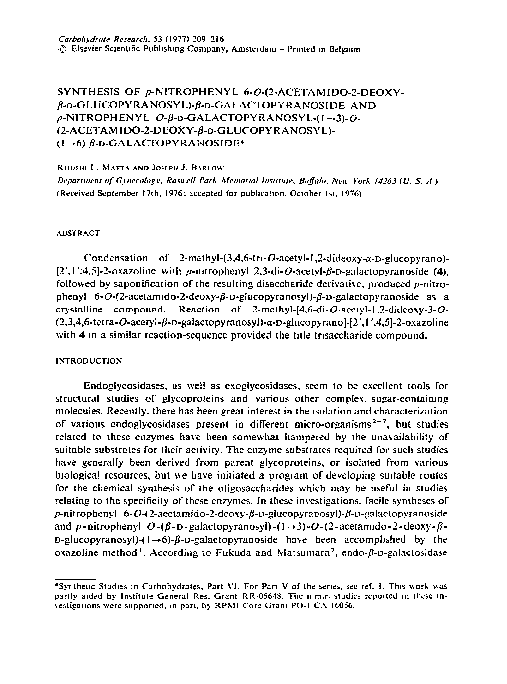 Pdf Synthesis Of P Nitrophenyl 6 O 2 Acetamido 2 Deoxy B Glucopyranosyl B Galactopyranoside And P Nitrophenyl O B Galactopyranosyl 1 3 O 2 Acetamido 2 Deoxy B Glucopyranosyl 1 6 B Galactopyranoside Khushi Matta Academia Edu