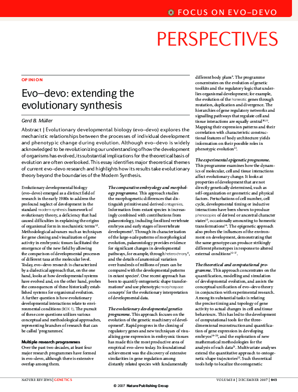 (PDF) Evo–devo: extending the evolutionary synthesis