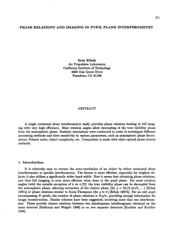 (PDF) Phase relations and imaging in pupil plane interferometry