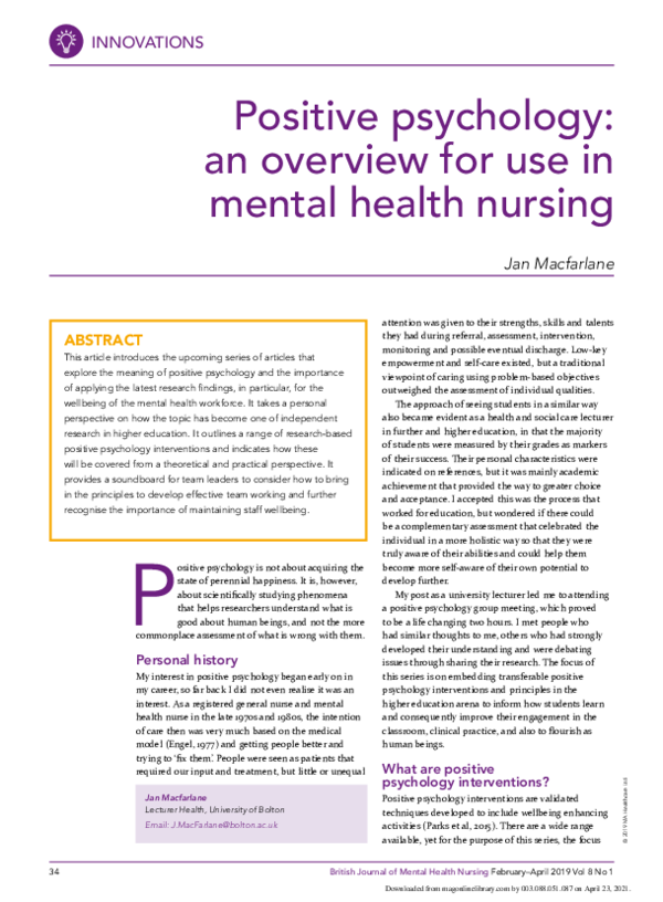 (PDF) Positive psychology: an overview for use in mental health nursing