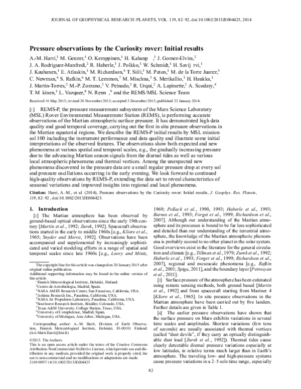 (PDF) Pressure observations by the Curiosity rover: Initial results