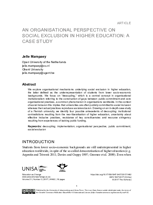 (PDF) An organisational perspective on social exclusion in higher ...