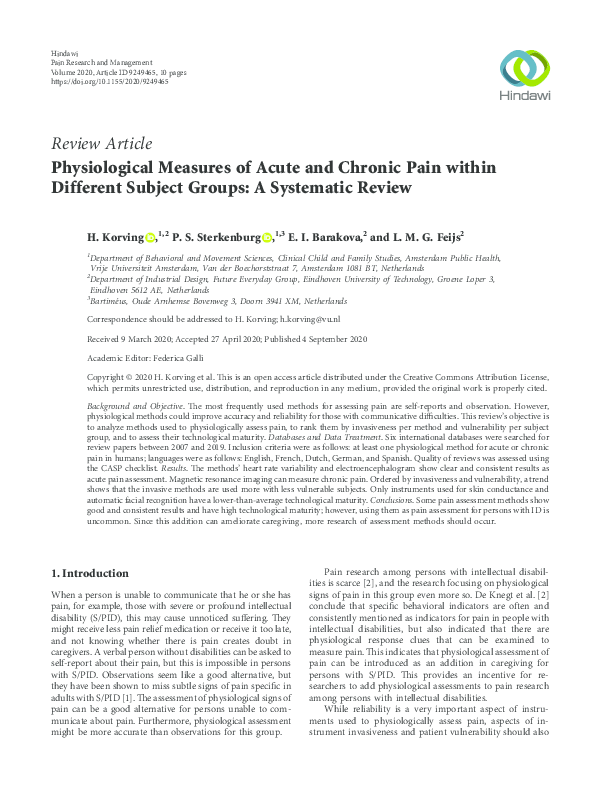 (PDF) Physiological Measures of Acute and Chronic Pain within Different ...